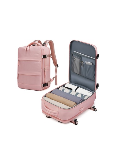 Su Geçirmez 16" İnç 30l Ayakkabı Bölmeli Seyahat Sırt Çantası - Laptop Bölmeli, Usb Şarj Girişli Pembe