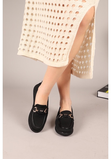 Minty Önü Tokalı Triko Babet Siyah-7905 Siyah