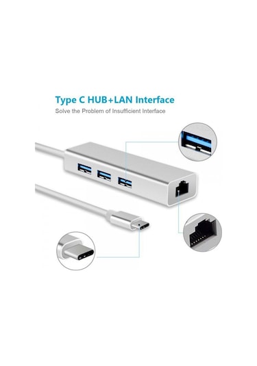 Type C To 3 Port Usb 3.0 Hub Çoklayıcı Ethernet Apple Uyumlu MacBook
