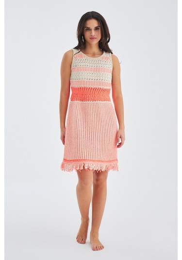 Peraluna Kiyo Dress Kolsuz Pamuklu Diz Hizası Yazlık Kadın Elbise Bej- Neon Turuncu