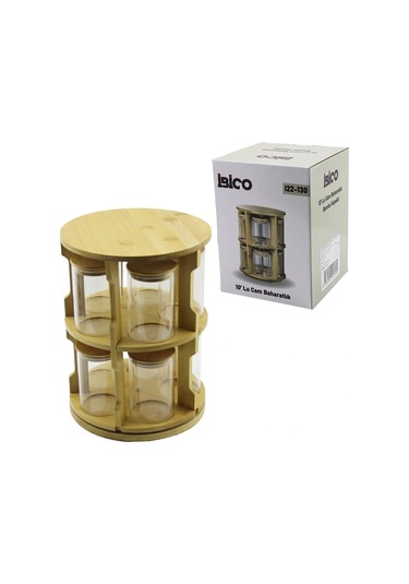 10 Pcs Yuvarlak - Döner Standlı Cam - Bambu Kapak Tuzluk - Baharatlık Bambu Stand Kahverengi