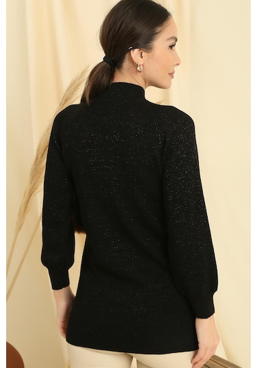 Boyun Dekolteli Saç Örgülü Desen Büyük Beden Spor Tunik Kazak-35314 - Siyah