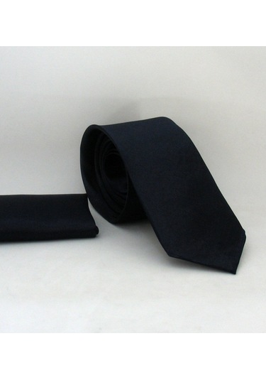 Koyu Lacivert Slim Fit Düz Renk Mendilli Saten Kravat - SS-18 Lacivert