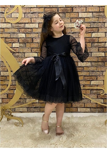 Kız Çocuk Dantelli Siyah Mini Puantiyeli Kurdelalı Tül Elbise Siyah