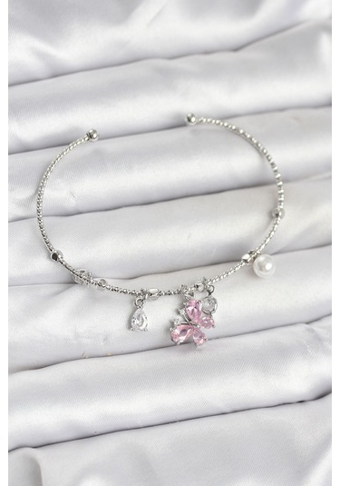 Pembe Kelebek Charmlı Gümüş Renk Kadın Bileklik Çok Renkli