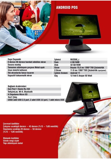Psc Pos Andorid Al Serisi Rk3568 15,6"+11,6" 4gb 32gb