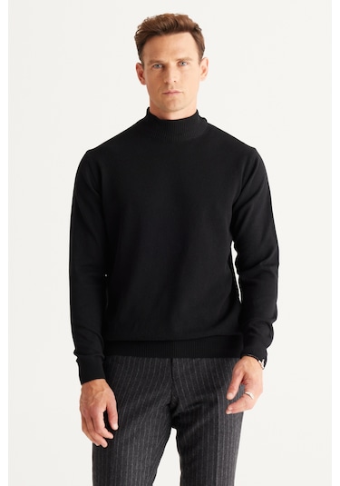 Altinyildiz Classics Erkek Siyah Standart Fit Normal Kesim Yarım Balıkçı Yaka Pamuklu Triko 4A4921100008SYHS Siyah