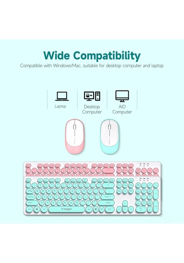 Yunboo T-wolf Tf770 Retro 2.4g Kablosuz Klavye Seti - Sessiz Tuşlar, Geniş Uyumluluk, Mavi