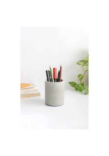Dekoratif Beton Silindir Kalemlik Çok Amaçlı Organizer Vazo Saksı Ofis Ve Banyo Düzenleyici 8x10 Cm Beyaz