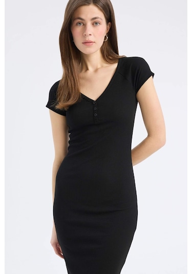 DeFacto Bodycon Vücudu Saran V Yaka Fitilli Kaşkorse Kısa Kollu Midi Elbise E7368AX25SPBK81