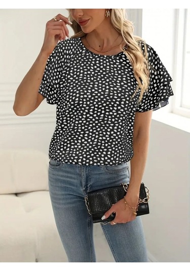 Ge Ticaret Kadın Kısa Kollu Kolları Volanlı Baskılı Süprem Bluz Siyah