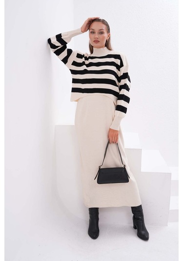 Kadın Triko Askılı Elbise Kazak İkili Takım Krem