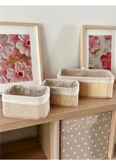 Akayev Beige Hasır 3lü Sepet Beyaz