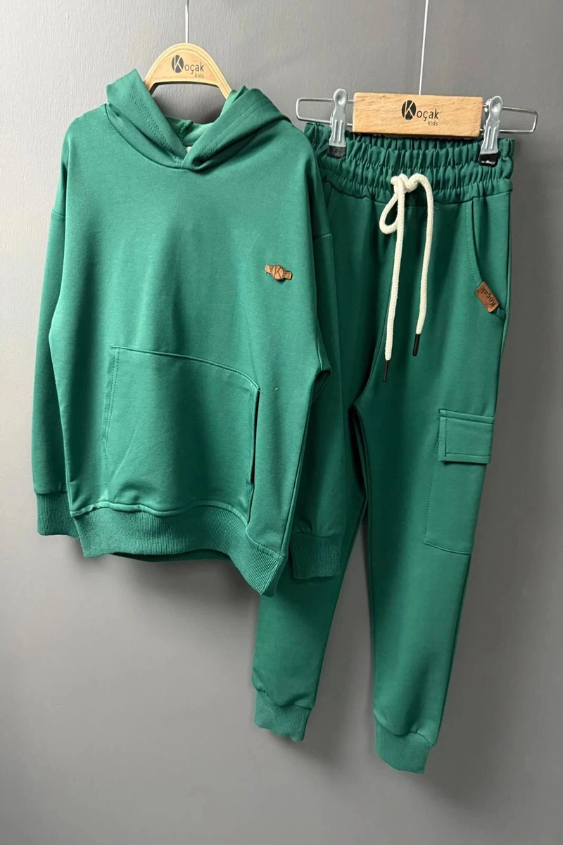 Kapüşonlu Ve Kanguru Cepli Yeşil Renk Erkek Çocuk Eşofman Takım Yeşil