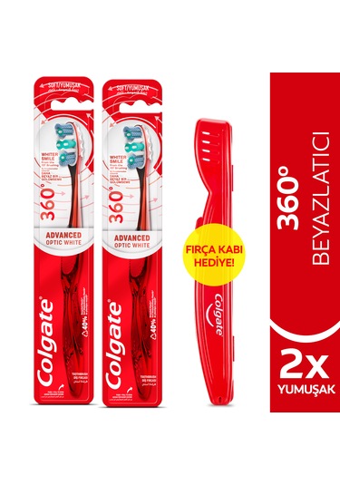 Colgate 360 Gelişmiş Optik Beyaz Yumuşak Beyazlatıcı Diş Fırçası 2'li + Fırça Kabı