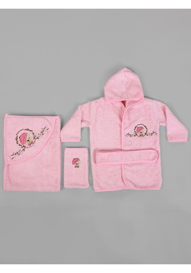 %100 Pamuk Bebek Çocuk Bornoz Havlu Takımı Set Pembe