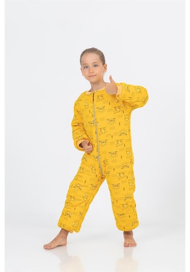 Kız Erkek Çocuk Kalın Elyaf Dolgulu Premium Kalite 2.5 Tog Desenli Uyku Tulumu Ekru - Sarı