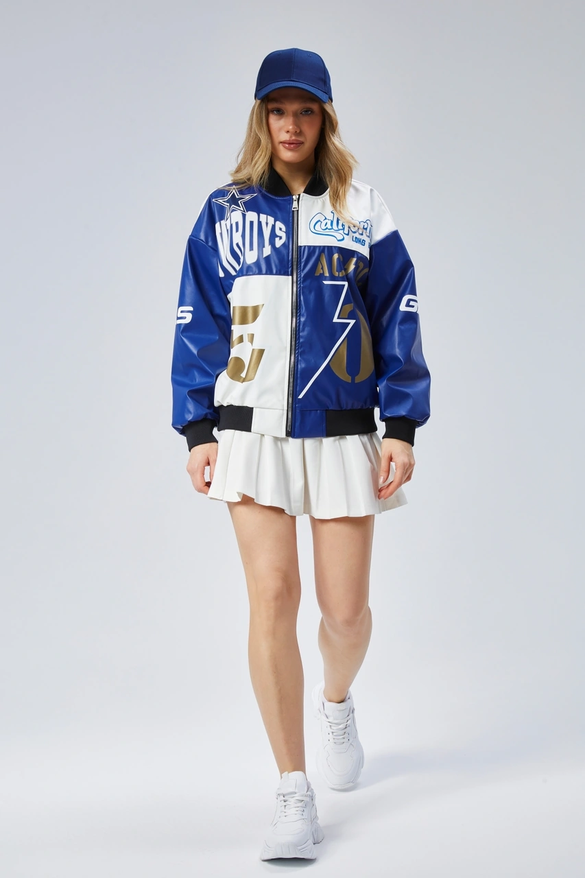 Kadın Oversize Baskılı Deri Motorcu Montu Fermuarlı Yarışçı Ceket Astarlı Bomber Kolej Mont Mavi