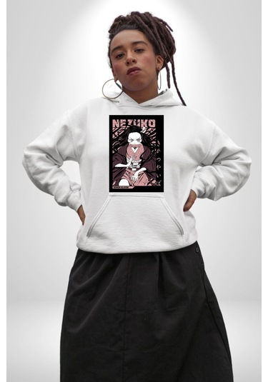 Nezuko Demon Slayer Kadın Erkek Beyaz Kapüşonlu Sweatshirt Hoodie Beyaz