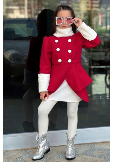 Riccotarz Kız Çocuk Kol Uçları Peluş Detaylı Kırmızı Kaşe Kabanlı Takım Kırmızı