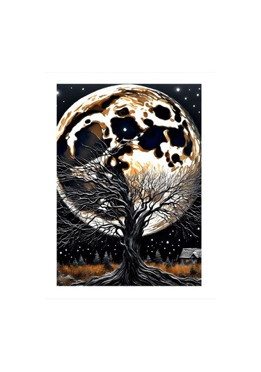 Yaprakları Dökülmüş Ağaç Ve Ay Desenli Ahşap Tablo 35cm X50cm
