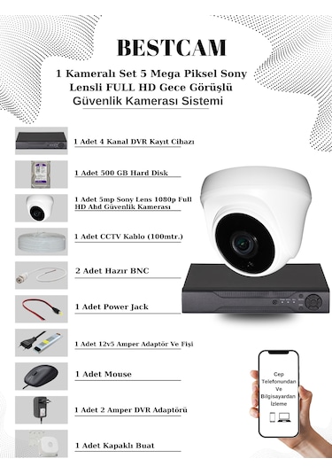 1 Kameralı Set 5 Mp Sony Lensli Full Hd Dome Kamera 500 Gb Hdd