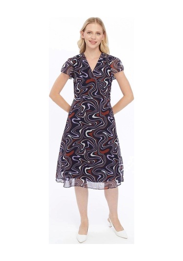 Apsen Kadın Lacivert Desen Kruvaze Yaka Midi Boy Şifon Elbise 4445-110 Lacivert