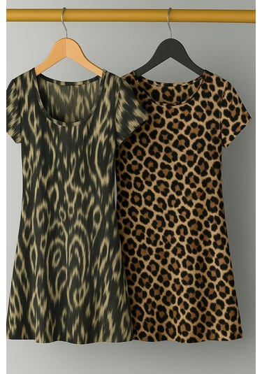 2 Adet Dökümlü Rahat Kalıp Günlük Penye Kumaş Elbise Haki