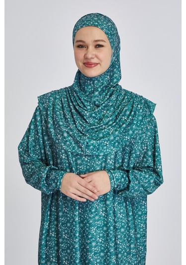 Pratik Tek Parça Çiçek Desenli Namaz Elbisesi Petrol Petrol Mavi