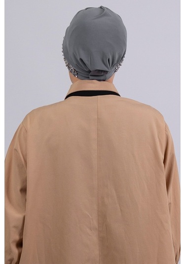 Gri Pratik Hazır Geçmeli Tesettür Bone Sandy Kumaş Taşlı 1456_15 Gri