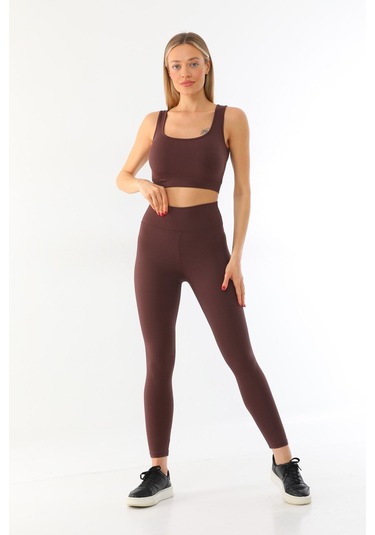 Kallima Kahverengi Toparlayıcı Yüksek Bel Fitilli Tayt-crop Takım Kahverengi