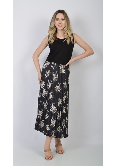 Soralline Bayan Plisoley Etek 781 Saten Empirme Siyah Siyah