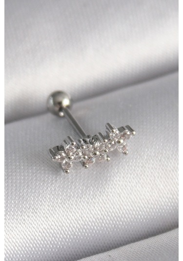 316l Çelik Gümüş Renk Zirkon Taşlı Yonca Tragus Piercing