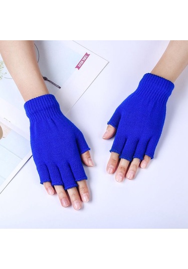 Kadınlar Ve Erkekler İçin Unisex Siyah Yarım Parmak Parmaksız Eldiven Çifti Yün Örme Bilek Pamuklu Eldivenler Sıcak Kış İş Eldivenleri Mavi