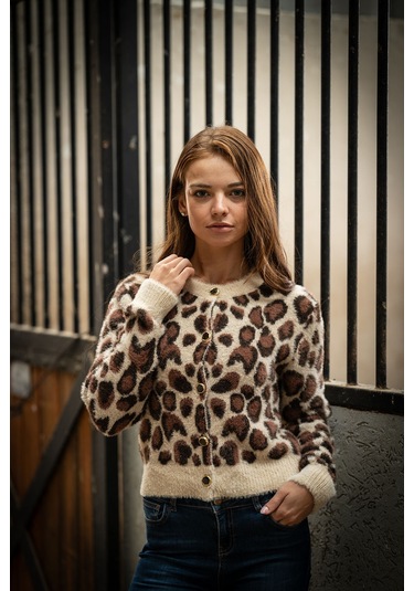Verdeblanco Leopar Desenli Düğme Detaylı Hırka Leopar