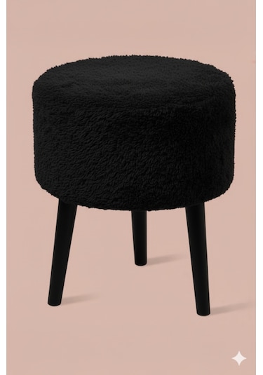3 Ayaklı Mini Puf - Siyah Teddy Peluş Kumaşlı Mini Tabure Siyah