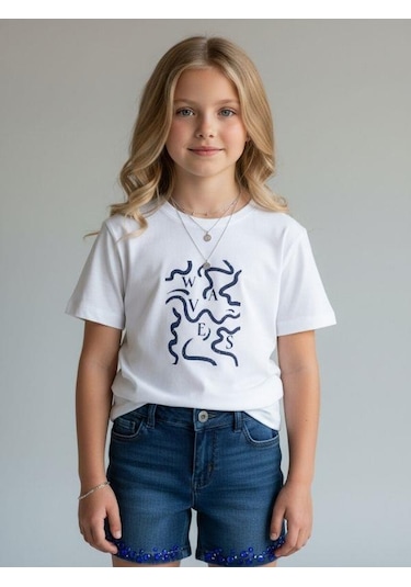 Zekids Kız Çocuk Soyut Baskılı Basic T-shirt-16972 Renkli