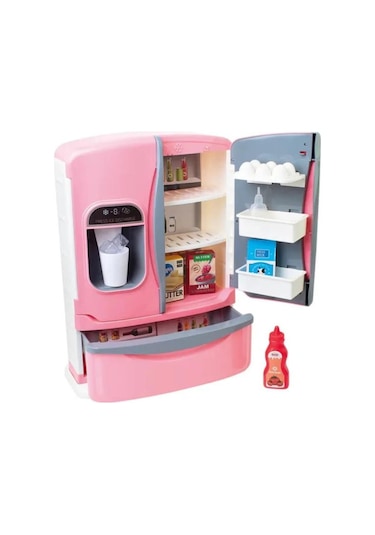 Pilli Işıklı Büyük Boy Oyuncak Buzdolabı Evcilik Oyun Seti Duman Efektli 3 Kapılı