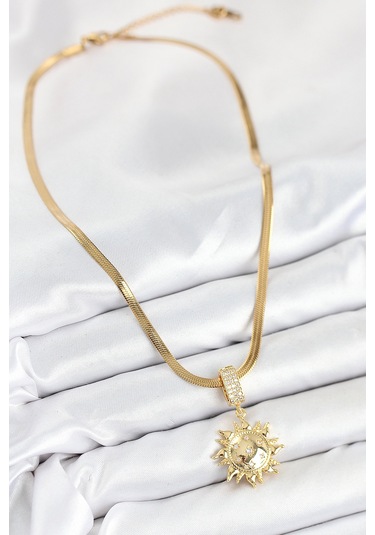 316l Çelik Zirkon Taşlı Güneş Model Gold Renk Kadın Kolye Renkli