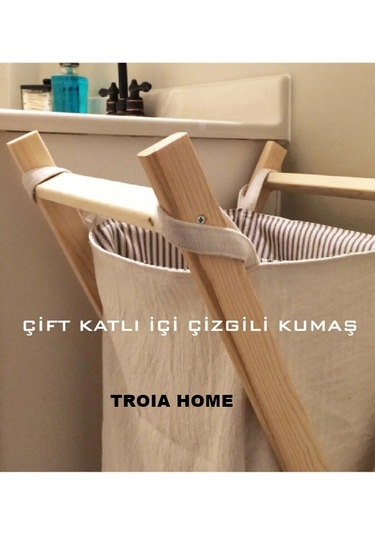 meditroia Ahşap Kirli Çamaşır Sepeti 2 Kat Dış Ekru Iç Çizgili Krem