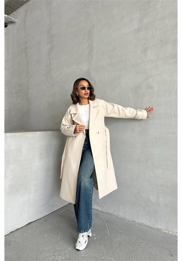 Neşeli Butik Kadın Astarlı Bej İthal Kaşe Kaban Nbg048 Bej