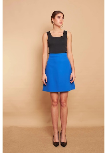 Yüksek Bel Hafif Likralı Kumaş Diz Boy Çan Etek-sax SAX