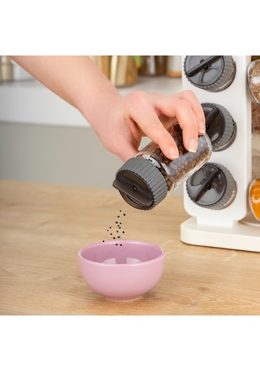 Porsima 1081 Kare Döner Standlı Döner Kapaklı Cam Baharatlık Antrasit - Beyaz