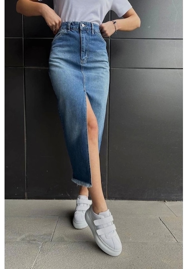 Mavi Yırtmaçlı Kot Etek Mavi