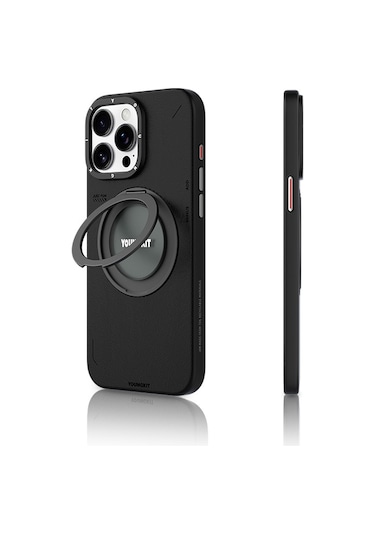 iPhone Uyumlu 15 Pro Max Kılıf Magsafe Özellikli 360 Standlı Deri Desenli Youngkit Tech Leather Seri Siyah