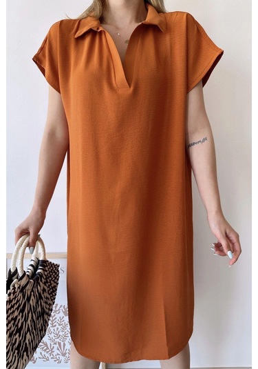 Kadın Kiremit Kısa Kol, Polo Yaka, Dokulu Desen, Basic Kalıp/kesim, Aerobin Rahat Midi Elbise Kiremit