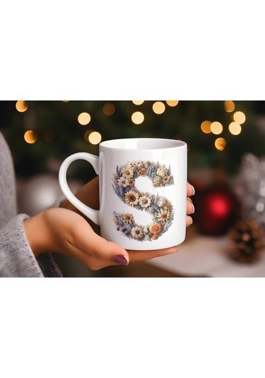 S Harfi Çiçek Desenli Kupa Bardak - Alfabe Harfleri İle Doğal Çiçekli Kupa - Hediye Fikir Beyaz