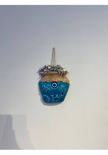 El Yapımı Nazar Boncuğu, Duvar Dekorasyon Ürünü, Seramik, El İşçiliği, Turkuaz Renkte Vazo Desenli -