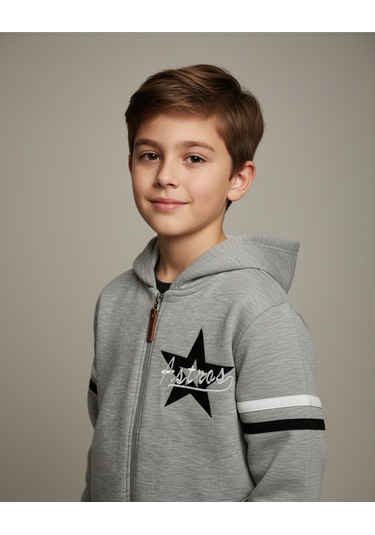 Yıldız Nakışlı Erkek Çocuk Hırka Gri Gri