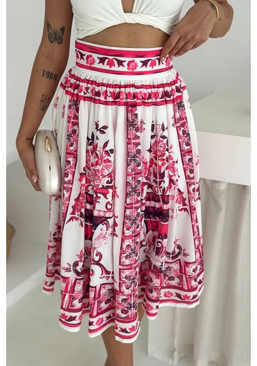 İthal Krep Kumaş Desenli Etek Pembe Mavi